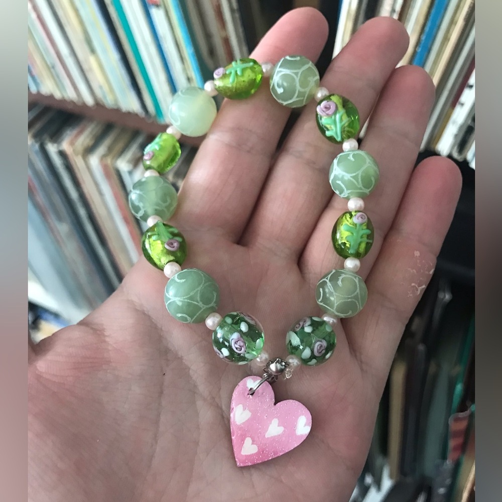 Handmade Green Glass Bead Bracelet with Pink Heart Charm